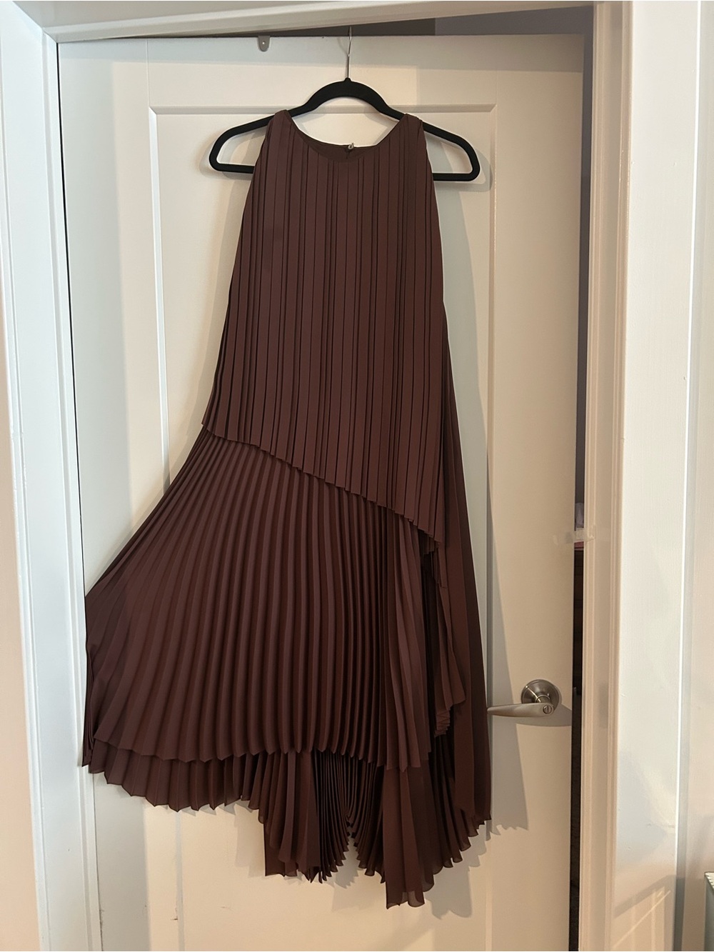 Sleeveless High-Low Pleated Dress in Chocolate Brown